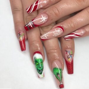 Long Coffin 24 Piece Green Fur Monster Christmas French Tip Press on Nails
