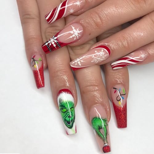 Long Coffin 24 Piece Green Fur Monster Christmas French Tip Press on Nails