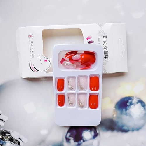 24Pcs Christmas Press on Nails Medium Square Fake Nails Red Glossy False Nails Press Ons with Snowflake Gold Foil Designs Pink Nail Tips Full Cover Artificial Glue on Nails Acrylic Nail Kit for Women - Image 4