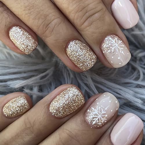 24 Piece Short Nude Pink Christmas Press On Nails with Gold Glitter Snowflake Design