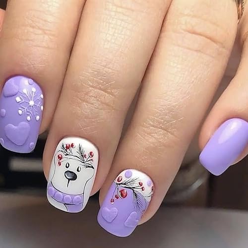 24Pcs Christmas Press on Nails Short Square Fake Nails Cute Cartoon Bear Glue on Nails Xmas False Nails Embossed Purple Heart Design Stick on Nails Snowflake Acrylic Nails for Women Xmas Manicure DIY