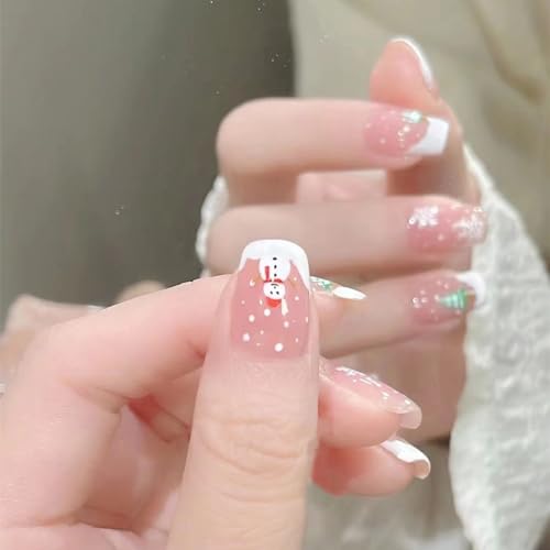 24Pcs Christmas Press on Nails Short White French Tip Fake Nails Square Shaped Snowflake Xmas Trees Designs Nude Pink False Nails Stick on Nails for Women Acrylic DIY Winter Holiday Nail Decorations - Image 2