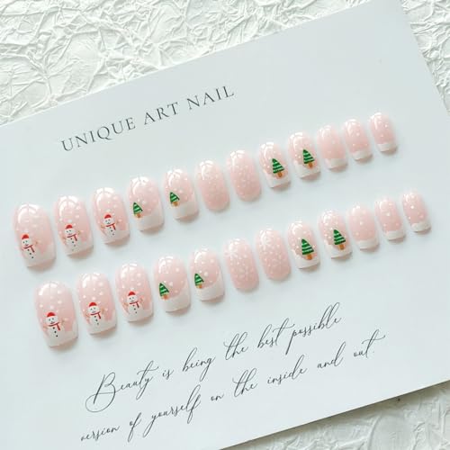 24Pcs Christmas Press on Nails Short White French Tip Fake Nails Square Shaped Snowflake Xmas Trees Designs Nude Pink False Nails Stick on Nails for Women Acrylic DIY Winter Holiday Nail Decorations - Image 3