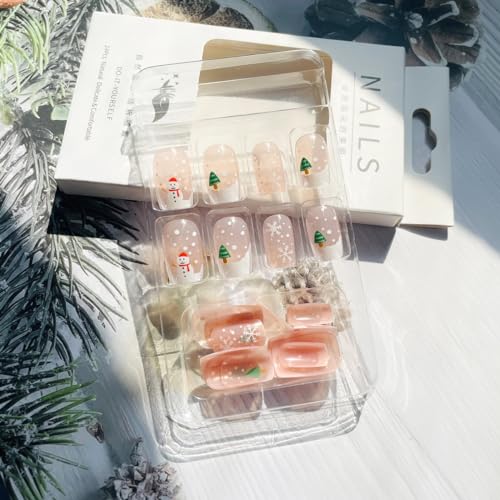 24Pcs Christmas Press on Nails Short White French Tip Fake Nails Square Shaped Snowflake Xmas Trees Designs Nude Pink False Nails Stick on Nails for Women Acrylic DIY Winter Holiday Nail Decorations - Image 4