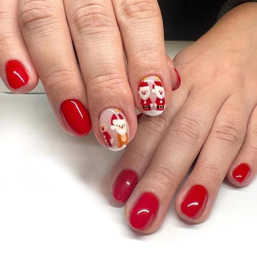 24Pcs Christmas Press on Nails,Winter Almond Santa Claus Glue on Nails,Red French Tip Fake Nails,Cute Glossy Solid Reindeer False Nails,Christmas Short Length Acrylic Nails for Women Girls