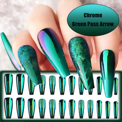 24Pcs Dark Green Chrome Metal Press on Nails Mirror Long Coffin Manicure Art Acrylic Fake Nails Stick on Nails Glossy Glitter False Nails Gel Glue on Nails with Green Traffic Arrow Design for Women - Image 2