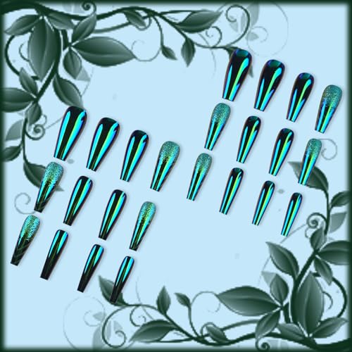 24Pcs Dark Green Chrome Metal Press on Nails Mirror Long Coffin Manicure Art Acrylic Fake Nails Stick on Nails Glossy Glitter False Nails Gel Glue on Nails with Green Traffic Arrow Design for Women - Image 5