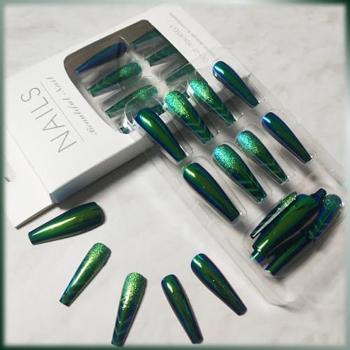 24Pcs Dark Green Chrome Metal Press on Nails Mirror Long Coffin Manicure Art Acrylic Fake Nails Stick on Nails Glossy Glitter False Nails Gel Glue on Nails with Green Traffic Arrow Design for Women - Image 4