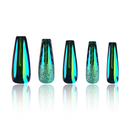 24Pcs Dark Green Chrome Metal Press on Nails Mirror Long Coffin Manicure Art Acrylic Fake Nails Stick on Nails Glossy Glitter False Nails Gel Glue on Nails with Green Traffic Arrow Design for Women - Image 3