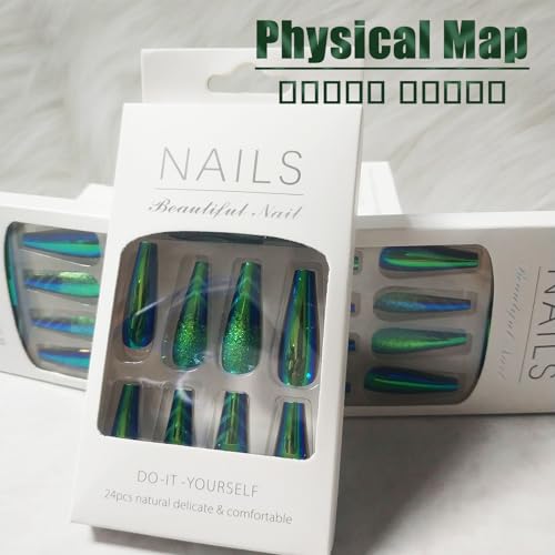 24Pcs Dark Green Chrome Metal Press on Nails Mirror Long Coffin Manicure Art Acrylic Fake Nails Stick on Nails Glossy Glitter False Nails Gel Glue on Nails with Green Traffic Arrow Design for Women - Image 9