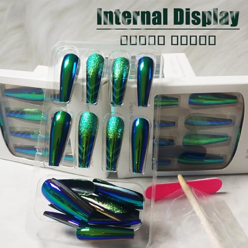 24Pcs Dark Green Chrome Metal Press on Nails Mirror Long Coffin Manicure Art Acrylic Fake Nails Stick on Nails Glossy Glitter False Nails Gel Glue on Nails with Green Traffic Arrow Design for Women - Image 8