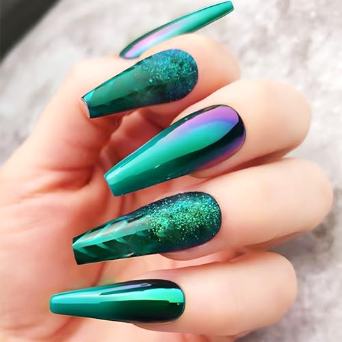 24Pcs Dark Green Chrome Metal Press on Nails Mirror Long Coffin Manicure Art Acrylic Fake Nails Stick on Nails Glossy Glitter False Nails Gel Glue on Nails with Green Traffic Arrow Design for Women