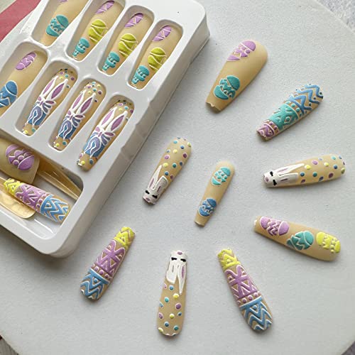 24Pcs Easter Press on Nails Long, Cute Bunny Acrylic Nails Coffin Shaped False Nails with Designs Matte Easter Fake Nails Colorful Easter Egg Full Cover Glue on Nails for Women Girls Easter Nail Art - Image 5