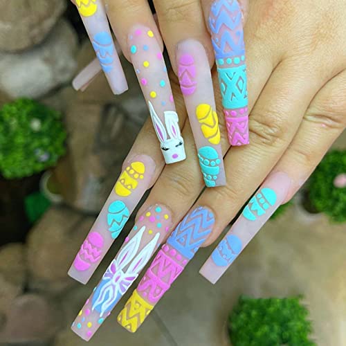 24Pcs Easter Press on Nails Long, Cute Bunny Acrylic Nails Coffin Shaped False Nails with Designs Matte Easter Fake Nails Colorful Easter Egg Full Cover Glue on Nails for Women Girls Easter Nail Art