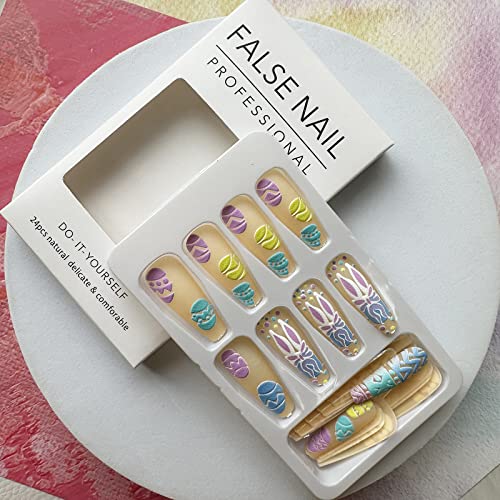 24Pcs Easter Press on Nails Long, Cute Bunny Acrylic Nails Coffin Shaped False Nails with Designs Matte Easter Fake Nails Colorful Easter Egg Full Cover Glue on Nails for Women Girls Easter Nail Art - Image 3