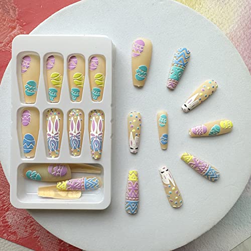 24Pcs Easter Press on Nails Long, Cute Bunny Acrylic Nails Coffin Shaped False Nails with Designs Matte Easter Fake Nails Colorful Easter Egg Full Cover Glue on Nails for Women Girls Easter Nail Art - Image 4