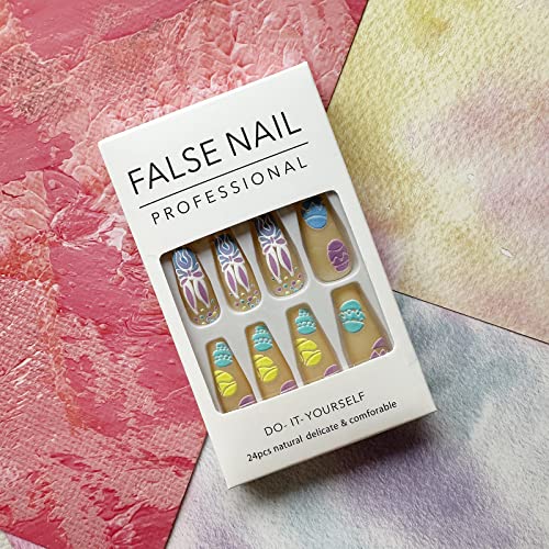 24Pcs Easter Press on Nails Long, Cute Bunny Acrylic Nails Coffin Shaped False Nails with Designs Matte Easter Fake Nails Colorful Easter Egg Full Cover Glue on Nails for Women Girls Easter Nail Art - Image 2