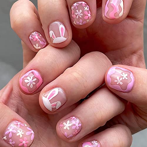 24Pcs Easter Press on Nails Short Easter Rabbit Fake Nails Full Cover Artificial Glue on Nails Pink Flower Easter Bunny Oval False Nails Design Nail Art Supplies for Women Girls Acrylic Decorations