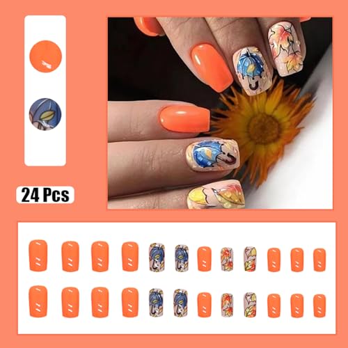 24Pcs Fall Maple Leaf Press on Nails Medium Coffin Fake Nails Maple Leaves Acrylic Glue on Nails Full Cover Orange Autumn Square False Nails Thanksgiving Stick on Nails for Women Holiday Manicure - Image 2