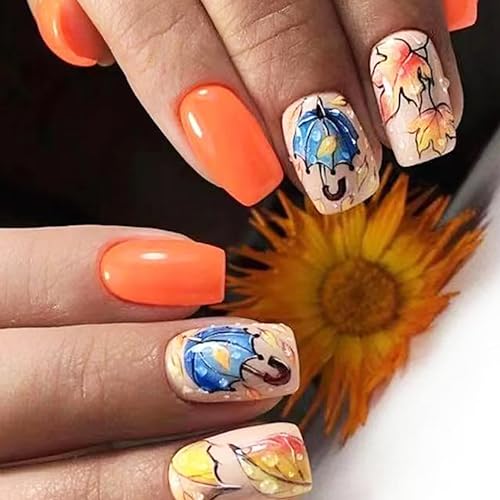 24Pcs Fall Maple Leaf Press on Nails Medium Coffin Fake Nails Maple Leaves Acrylic Glue on Nails Full Cover Orange Autumn Square False Nails Thanksgiving Stick on Nails for Women Holiday Manicure