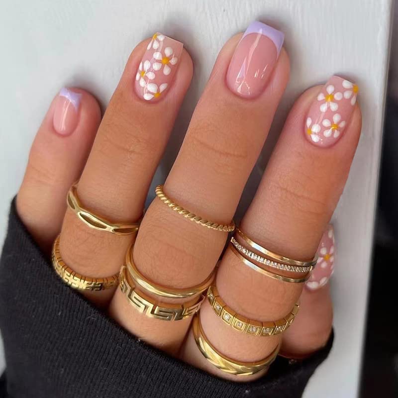 24PCS French Daisy Press on Nails Short Square Fake Nails Purple French Stick on Nails Flower Design Artificial Nails Spring Summer Acrylic Nails Small Daisy Glossy Pink False Nails for Women Girls