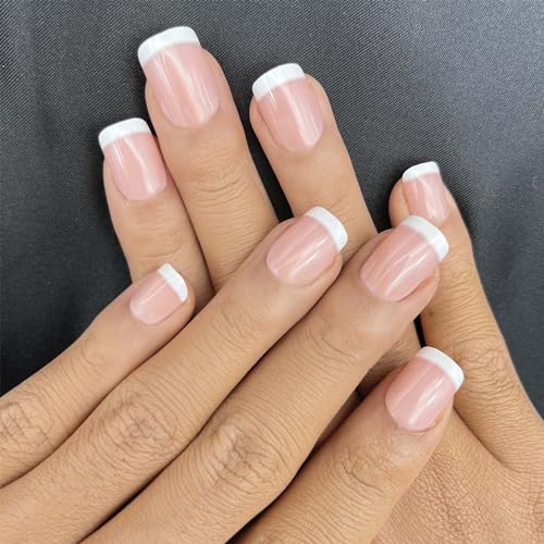 24Pcs French Nude Press on Nails Short Squoval Fake Nails Acrylic False Nails Manicure Nails Tips Full Cover Glossy Stick on Nails for Women