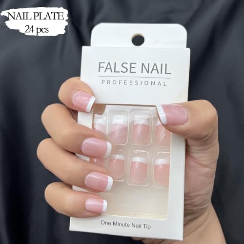 24Pcs French Nude Press on Nails Short Squoval Fake Nails Acrylic False Nails Manicure Nails Tips Full Cover Glossy Stick on Nails for Women - Image 4