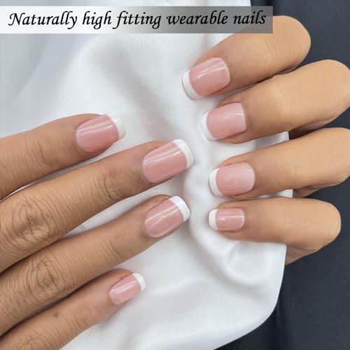24Pcs French Nude Press on Nails Short Squoval Fake Nails Acrylic False Nails Manicure Nails Tips Full Cover Glossy Stick on Nails for Women - Image 3