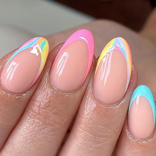 24PCS French Press on Nails Short Almond Fake Nails Colorful French False Nails Glossy Nude Glue on Acrylic Nails for Women and Girls (Colorful French)
