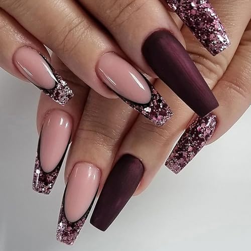 24Pcs French Tip Press on Nails Long Coffin Fake Nails Glitter Purple Full Cover Stick on Nails Glitter Powder Tip Design Acrylic Nails Pink Artificial Glue on Nails Reusable False Nails for Women