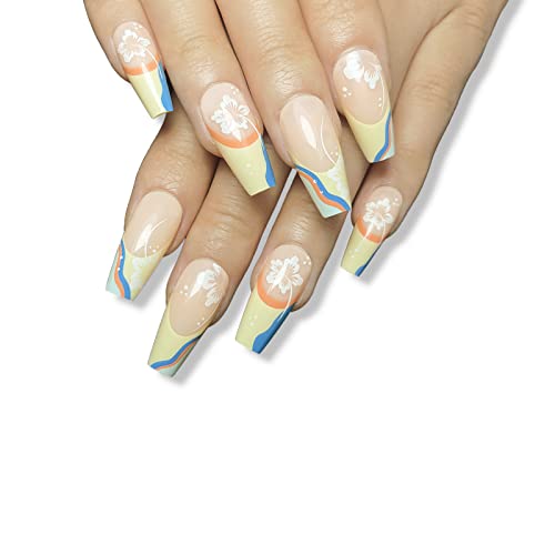 24Pcs French Tip Press on Nails Medium Long Fake Nails Nude Pink Glossy Full cover False Nails With White Flowers Stick on Nails Acrylic Nails French Yellow and Blue Colorful Waves Shape With Glue on Nails for Women Girls