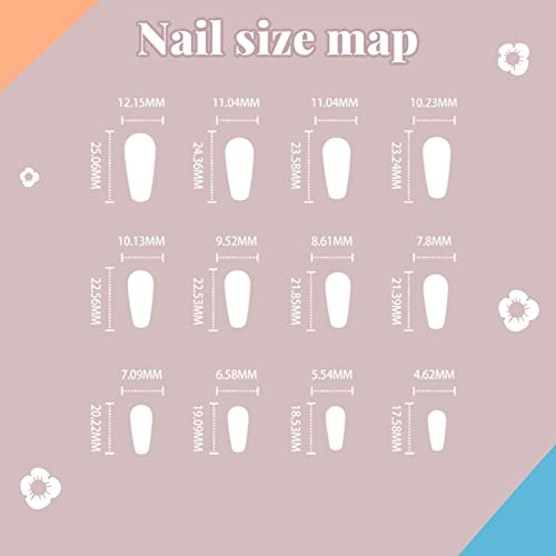 24Pcs French Tip Press on Nails Medium Long Fake Nails Nude Pink Glossy Full cover False Nails With White Flowers Stick on Nails Acrylic Nails French Yellow and Blue Colorful Waves Shape With Glue on Nails for Women Girls - Image 5