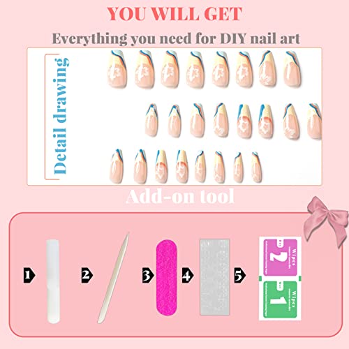24Pcs French Tip Press on Nails Medium Long Fake Nails Nude Pink Glossy Full cover False Nails With White Flowers Stick on Nails Acrylic Nails French Yellow and Blue Colorful Waves Shape With Glue on Nails for Women Girls - Image 3