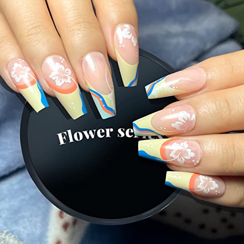 24Pcs French Tip Press on Nails Medium Long Fake Nails Nude Pink Glossy Full cover False Nails With White Flowers Stick on Nails Acrylic Nails French Yellow and Blue Colorful Waves Shape With Glue on Nails for Women Girls - Image 2