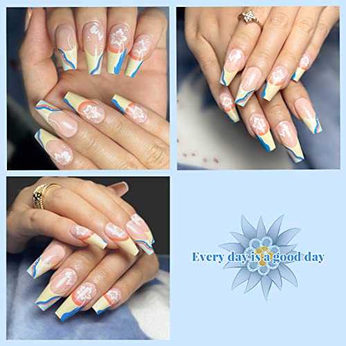 24Pcs French Tip Press on Nails Medium Long Fake Nails Nude Pink Glossy Full cover False Nails With White Flowers Stick on Nails Acrylic Nails French Yellow and Blue Colorful Waves Shape With Glue on Nails for Women Girls - Image 4