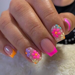 24Pcs French Tip Press on Nails Short Square Fake Nails Stick on Nails with Glossy French Artificial Nails Designs Full Cover Colorful Flower False Nails for Women Girls Acrylic Manicure Decorations