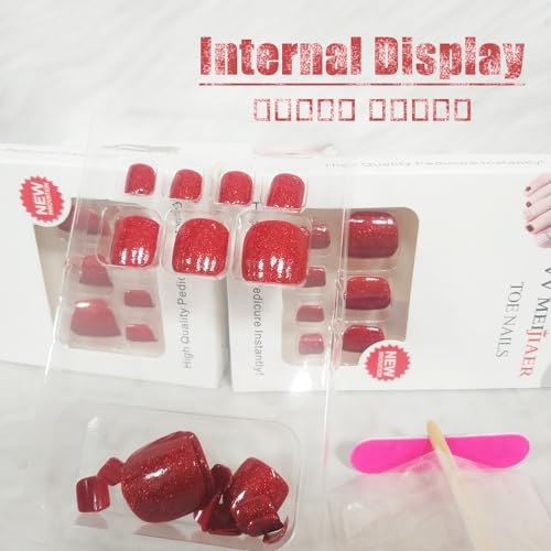 24Pcs Gel Nail Press on Toe Nails Glossy Red Acrylic False Toes Nails Sparkly Short Square Fake Toenails Cute Shine UV Full Cover Artificial Toenail Manicure Art Gel Toe Nails for Coquette Women Girls - Image 5