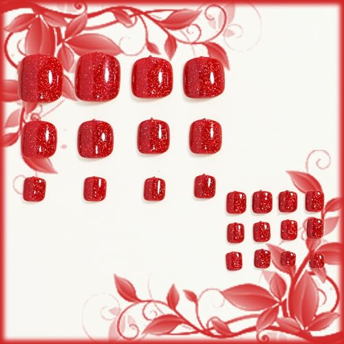 24Pcs Gel Nail Press on Toe Nails Glossy Red Acrylic False Toes Nails Sparkly Short Square Fake Toenails Cute Shine UV Full Cover Artificial Toenail Manicure Art Gel Toe Nails for Coquette Women Girls - Image 2