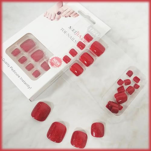 24Pcs Gel Nail Press on Toe Nails Glossy Red Acrylic False Toes Nails Sparkly Short Square Fake Toenails Cute Shine UV Full Cover Artificial Toenail Manicure Art Gel Toe Nails for Coquette Women Girls - Image 4