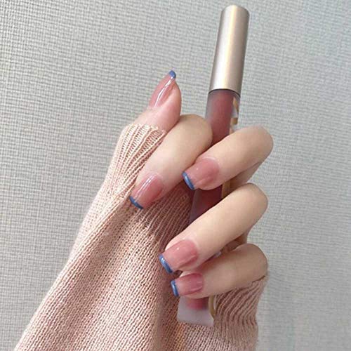 24Pcs Glossy Nude Pink Gradient Silver Line False Nails Press on Short Square Full Cover Wear Manicure Artificial Acrylic Fake Nails (Blue)