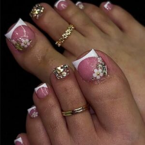24 Piece Glossy Pink Acrylic Toe Nails Set with 3D Flowers Rhinestones