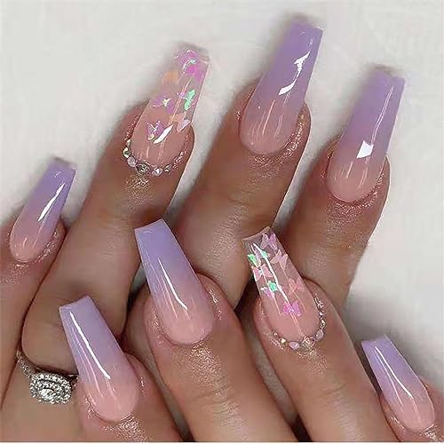 24Pcs Glossy Purple Press on Nails Square Long Full Cover Artificial Fake Nails with Butterfly Sequins Rhinestone Designs Acrylic Coffin False Nails with Glue Stick on Nails for Women Girls