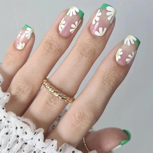 24Pcs Green French Tip Press on Nails Medium Square Flower Fake Nails Full Cover Acrylic Stick on Nails White Daisy Floral Spring Summer False Nails with Design Glossy Glue on Nails for Women Girls
