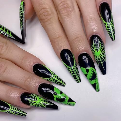 24Pcs Halloween Long Press on Nails French Tip Fake Nails with Spider Web Terror Monster Designs Horror False Nails Coffin Nail Tips Acrylic Nails Reusable Stick on Nails for Women Girls