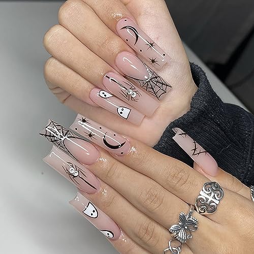 24Pcs Halloween Press on Nails Long Fake Nails Black Spider Web French Tip False Nails Cute Ghost Spider Star Moon Nails Design Halloween Glue on Nails Full Cover Square Acrylic Nails Kit for Women