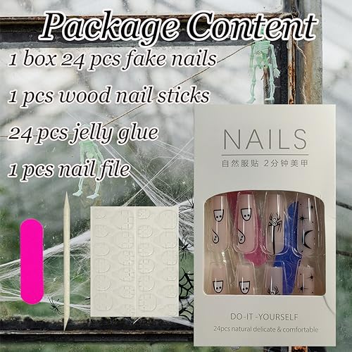 24Pcs Halloween Press on Nails Long Fake Nails Black Spider Web French Tip False Nails Cute Ghost Spider Star Moon Nails Design Halloween Glue on Nails Full Cover Square Acrylic Nails Kit for Women - Image 6