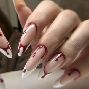 24Pcs Halloween Press on Nails Medium Length Horror Bloody Fake Nails White French Tips Nails Full Cover False Nails with Nail Glues Halloween Nail Art Natural Reusable Stick on Nails for Women and Girls Nails Decoration