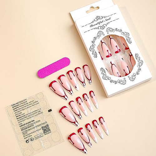24Pcs Halloween Press on Nails Medium Length Horror Bloody Fake Nails White French Tips Nails Full Cover False Nails with Nail Glues Halloween Nail Art Natural Reusable Stick on Nails for Women and Girls Nails Decoration - Image 2