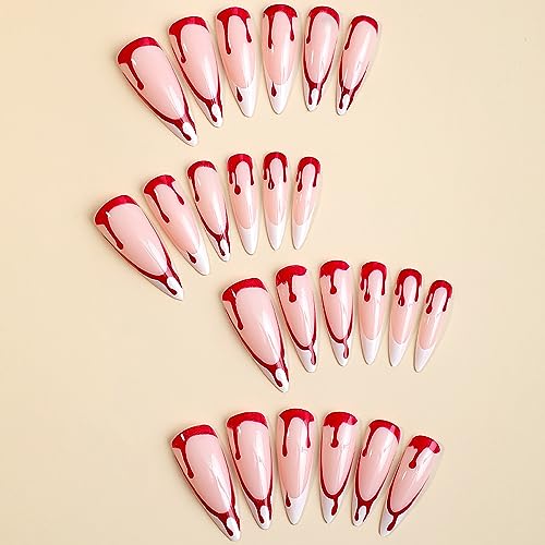 24Pcs Halloween Press on Nails Medium Length Horror Bloody Fake Nails White French Tips Nails Full Cover False Nails with Nail Glues Halloween Nail Art Natural Reusable Stick on Nails for Women and Girls Nails Decoration - Image 3