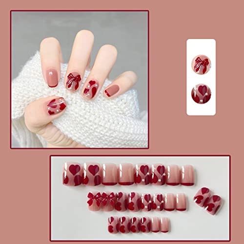 24pcs Heart Press on Nails Short Square Valentine’s Day Fake Nails Full Cover Nude Pink Acrylic Nails with Romantic Heart Shape Design Glue on Nails Red Heart False Nails for Women Girls 24Pcs - Image 2
